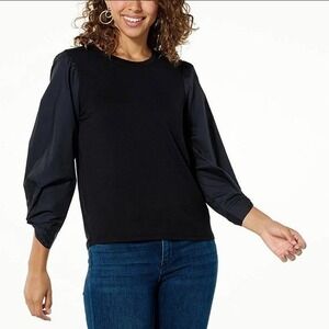 G By Giuliana Women's Cotton Poplin Twist-Sleeve Jersey Knit Top - Small